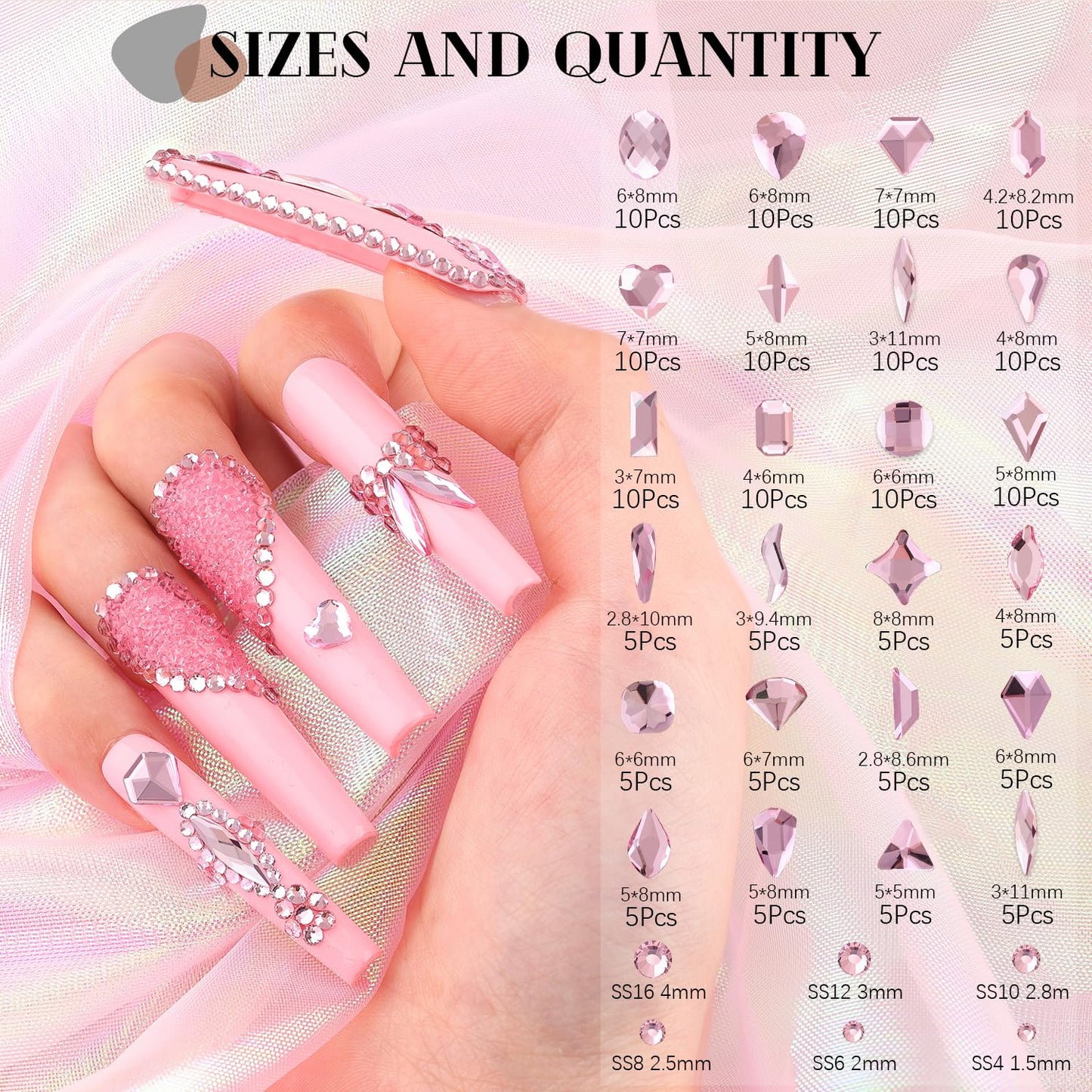 1680Pcs Pink Glass Nail Rhinestones 180Pcs Multi Shapes Flatback Nail Gems + 1500Pcs 1.5-4mm Round Crystal, Manicure Nail Charms Diamond Gemstones for Acrylic Nails Decoration