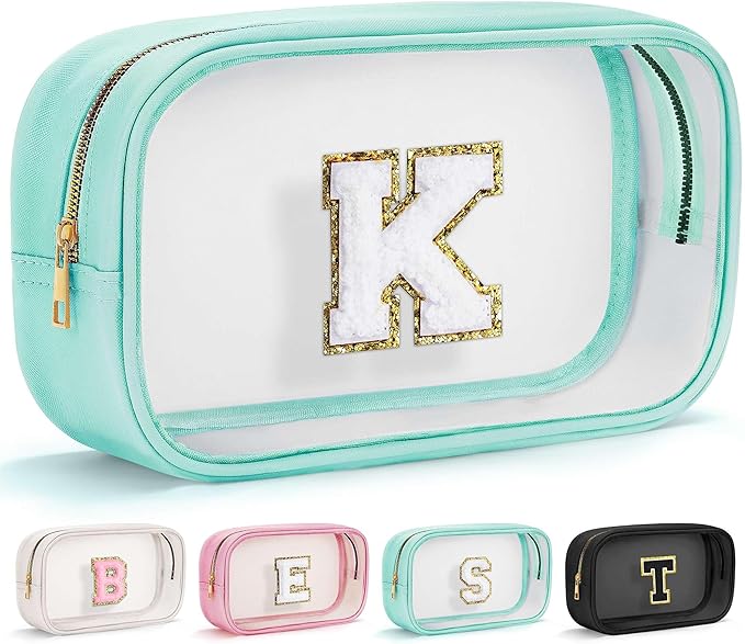YOOLIFE Initial Clear Makeup Bag | Travel Clear Makeup Bag | Travel Beach Toiletry Bag | Car Organizer Essentials for Women | Waterproof Large Clear Travel Toiletry Bag | Teacher Birthday Gifts Blue K