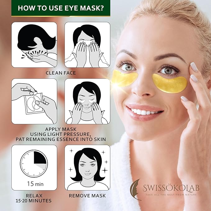 SWISSÖKOLAB Under Eye Patches For Puffy Eyes 24k Gold Eye Mask Dark Circles And Puffiness Collagen Eye Gel Pads Moisturizing & Reducing Wrinkles Anti-Aging Hyaluronic Acid (24K Gold Eye Mask)