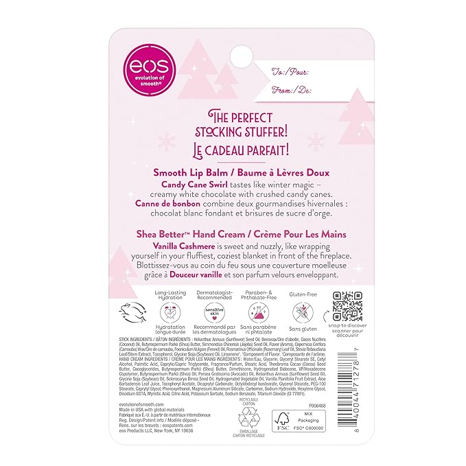 eos Holiday Skin Care Set- Vanilla Cashmere Travel Hand Cream & Candy Cane Swirl Lip Balm, Stocking Stuffers, 1 fl oz Hand Cream + 0.14 oz Lip Balm, 2-Pack