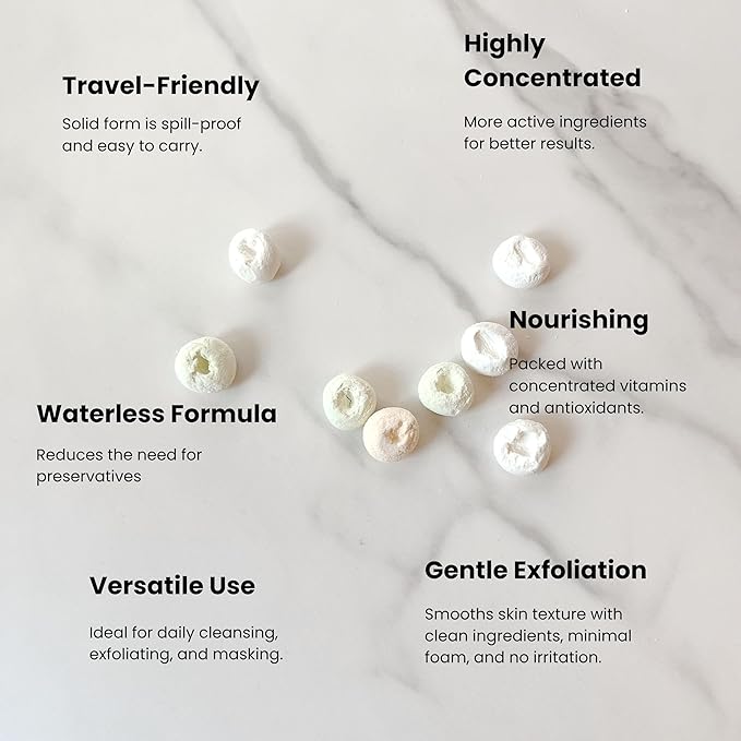 3-in-1 Solid Facial Cleanser, Exfoliator, and Wash-off Mask - Vegan, Cruelty-Free, Plastic-Free, Travel-Friendly, 1 Month Supply (60 Crushable Tablets) in Tin (Brightening Beans in Tin)