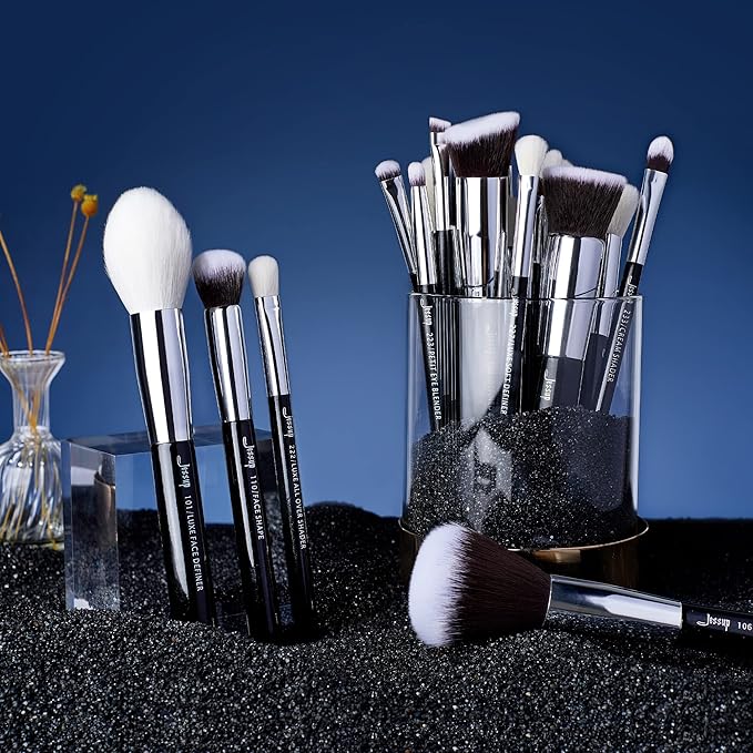 Jessup 25pcs Professional Makeup Brush Set Foundation Powder Concealer Eyeshadow Blending Blush Highlighter Natural-Synthetic Hair Brushes (Black/Silver)