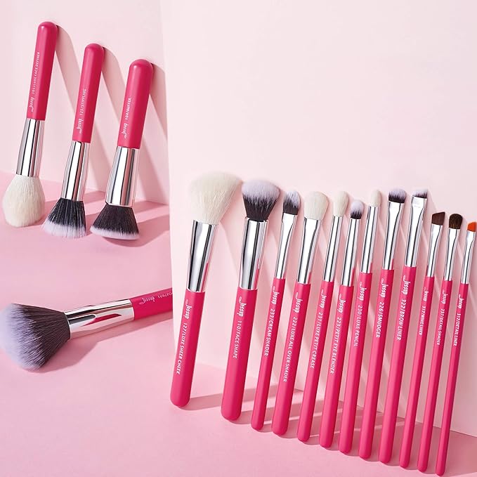 Jessup Brand 25pcs Professional Makeup Brush Set Beauty Cosmetic Foundation Powder Blusher Eye Shadow Blending Concealer Highlight Natural-Synthetic Hair Brushes Set (Rose Carmine/Silver)