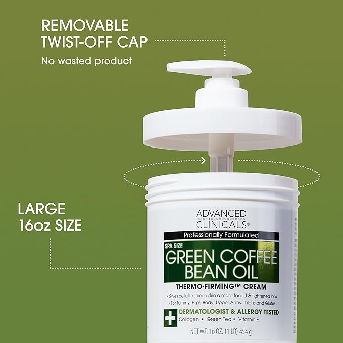 Advanced Clinicals Green Coffee Bean Thermo Firming Body Cream | Anti Cellulite Cream | Caffeine Body Lotion Moisturizer To Firm, Tighten, & Hydrate Look Of Legs, Arms, Tummy, Butt, & Thighs, 16 Oz
