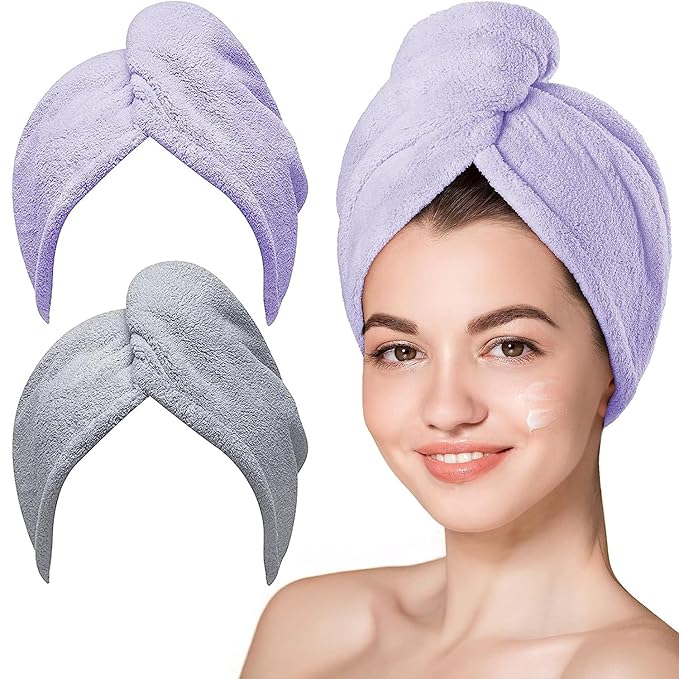 Hicober Microfiber Hair Towel, 2Packs Hair Turbans for Wet Hair, Drying Hair Wrap Towels for Curly Hair Women Anti Frizz (Purple,Grey)