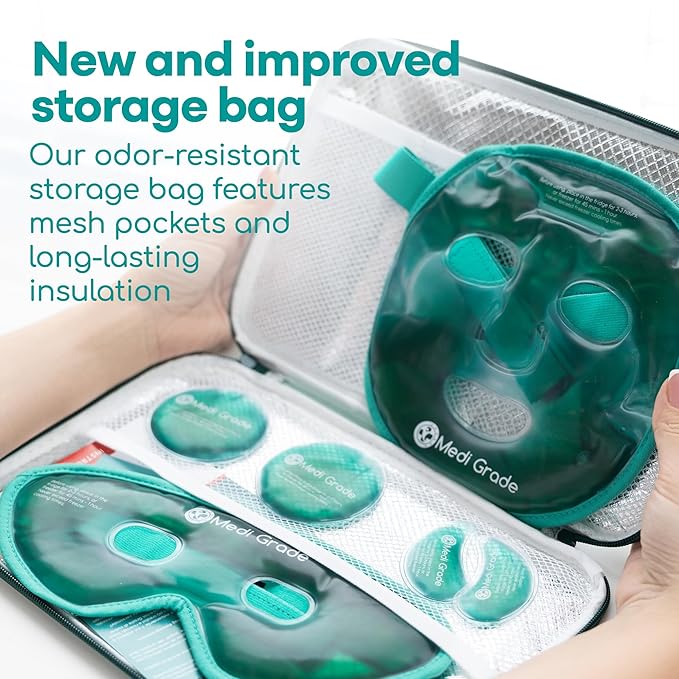 Medi Grade Cooling Ice Face Mask and Cooling Eye Mask for Puffy Eyes & Migraine Relief - Self Care Face Ice Pack with ChillGel Face Ice Mask Technology - Cooling Face Mask, Eye Pads and Bag