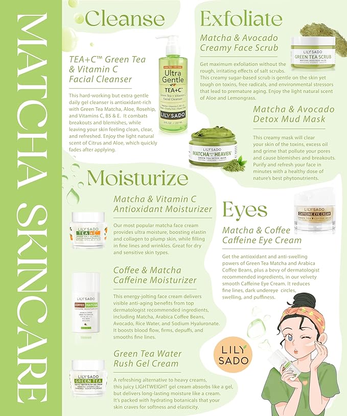 LILY SADO TEA+C™ Green Tea & Vitamin C Face Cleanser – Natural Vegan Antioxidant Daily Face Wash with Aloe, Rosehip, Meadowfoam - Gentle Deep Cleansing for Acne, Blackheads, Blemishes. 8 oz