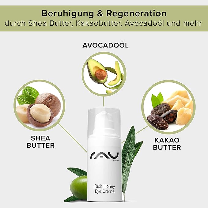RAU Rich Honey Eye Cream (0.51 oz) - Rich anti-aging eye care with shea & cocoa butter, avocado oil, green tea, rose water & vitamin E - dry, sensitive & mature skin.