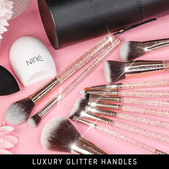 Niré Beauty 15piece Award Winning Glitter Makeup Brushes: Cute Makeup Brushes Set with Case, Beauty Blender, Cleaner, Guide, Gift Box