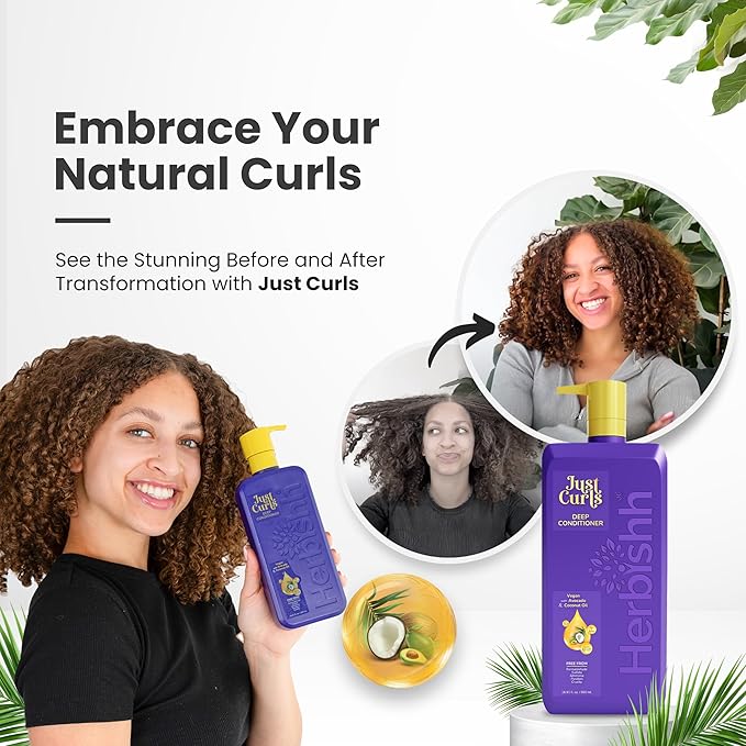 Herbishh Just Curls Deep Conditioner for Curly, Wavy Hair, 500ml, Avocado & Coconut Oil, Vegan, Curlfaction & Dry Damaged, Detangler