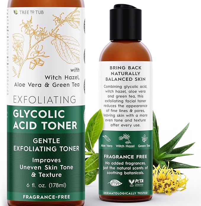 Tree To Tub Glycolic Acid Toner for Face w/Witch Hazel & Hydrating Aloe Vera for Smooth Skin - Minimizes Appearance of Fine Lines & Brightens - Vegan Exfoliating Toner for Women & Men