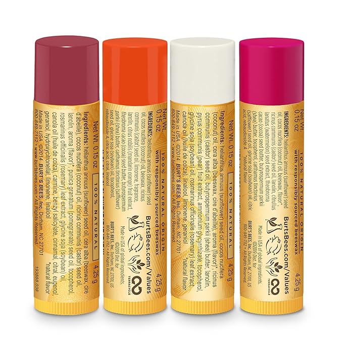 Burt’s Bees Holiday Gift, 4 Lip Balm Stocking Stuffer Products, Beeswax Fruit Set - Pomegranate, Sweet Mandarin, Coconut and Pear & Watermelon (Old Version)