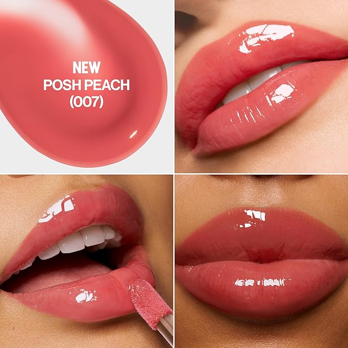 REVLON Super Lustrous Glimmer Lip Oil, Moisturizing & Tinted, Shiny Finish, Made with Plant-Based Squalane, 007 Posh Peach, 0.13 fl oz