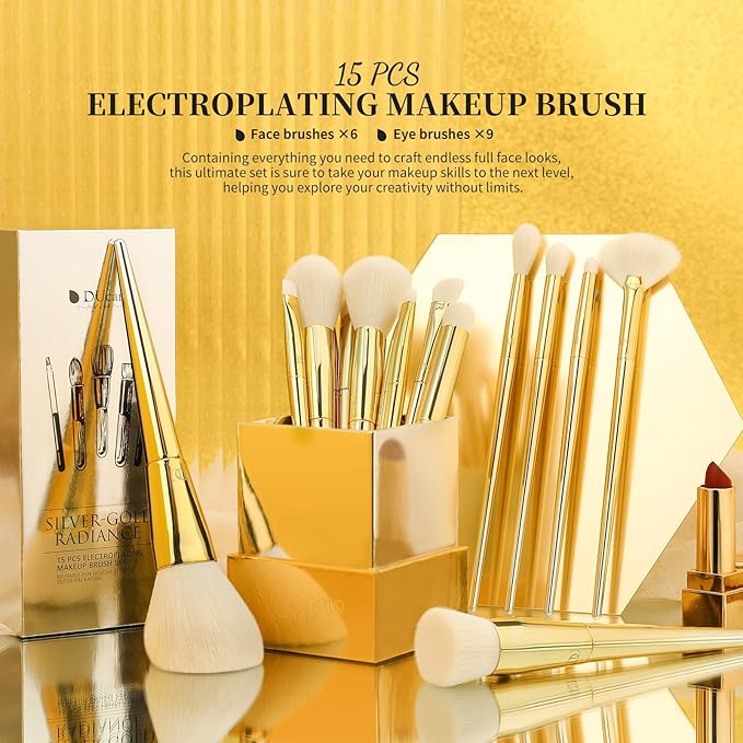 DUcare Makeup Brushes 15Pcs Makeup Brush Set with Holder Premium Synthetic Powder Foundation Contour Blush Concealer Eye Shadow Blending Liner Make Up Brush Kit gold-silver