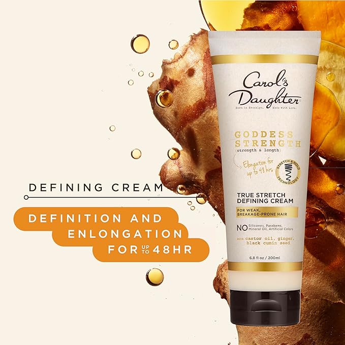Carol's Daughter Goddess Strength True Stretch Defining Hair Cream For Waves, Coils and Curls, Curl Defining Cream with Castor Oil, 6.8 Fl Oz