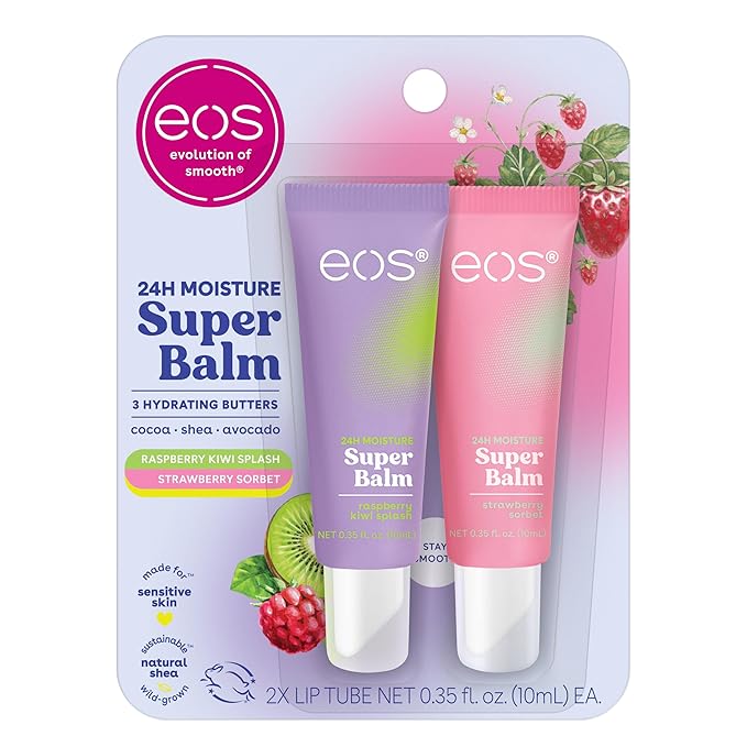 eos 24H Moisture Super Balm- Raspberry Kiwi Splash & Strawberry Sorbet, Lip Mask, Day or Night Lip Treatment, Made for Sensitive Skin, 0.35 fl oz, 2-Pack