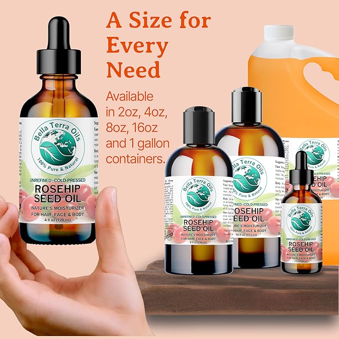 Bella Terra Oils - Organic Rosehip Seed Oil 2 oz - Cold-Pressed Elixir, Rich in Vitamin A, C, & E, Linoleic & Alpha-Linolenic Acid, Perfect Facial Emollient