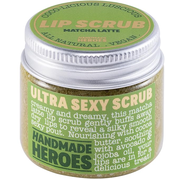 Handmade Heroes Matcha Latte Lip Scrub 1oz | 100% Natural Vegan Skin Care | Deep Conditioning Lip Scrub for Dry Lips with Jojoba Oil Avocado Oil | Natural Lightening Lip Exfoliator & Lip Plumper