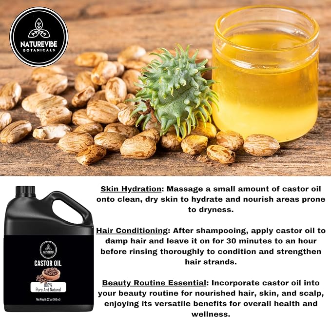 Naturevibe Botanicals Castor Oil 32 Ounces | 100% Pure and Natural | Great for Skin Care and Hair Care | Hexane Free Unrefined Oil for Enhanced Eyebrows and Eyelashes 32 Fl Oz | 946ml