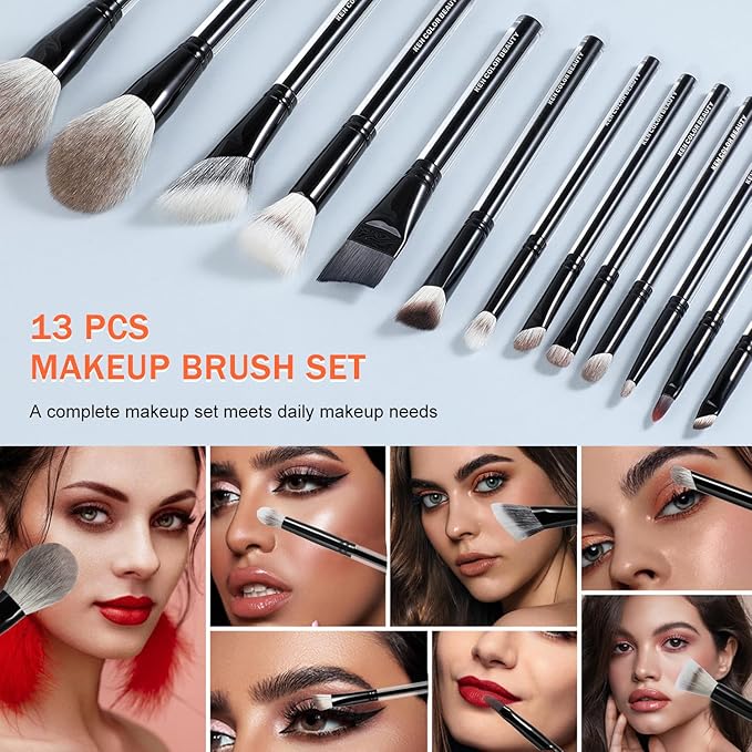 KENCOLOR Premium 13-Piece Makeup Brush Set with PU Travel Pouch – High-End Acrylic Handle, Soft Synthetic & Natural Bristles, Dense & Non-Absorbent, for Flawless Application