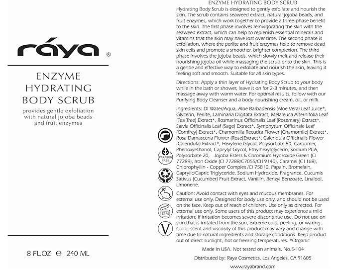 RAYA Enzyme Hydrating Body Scrub 8 oz Orange Vanilla Scent (S-104) | Gentle and Exfoliating Body Scrub | Made with Seaweed, Jojoba Beads, and Fruit Enzymes