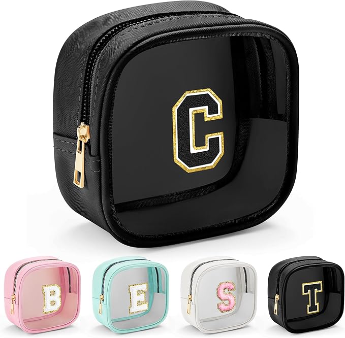 YOOLIFE Initial Makeup Bag Travel Toiletry Bag, Clear Makeup Bag Car Accessories For Women Clear Makeup Bags With Zipper Girlfriend Teacher 7 Year Old Girl Gifts Daughter Gifts Girl Gifts Mini Black C