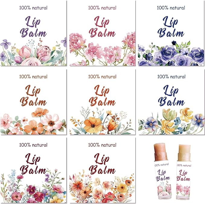 CRASPIRE 80Pcs 8 Styles Lip Balm Sticker Flower Self-Adhesive Homemade Lip Balm Labels Vintage Square DIY Plant Label Stickers for Lip Balm Containers Cosmetics Lipsticks