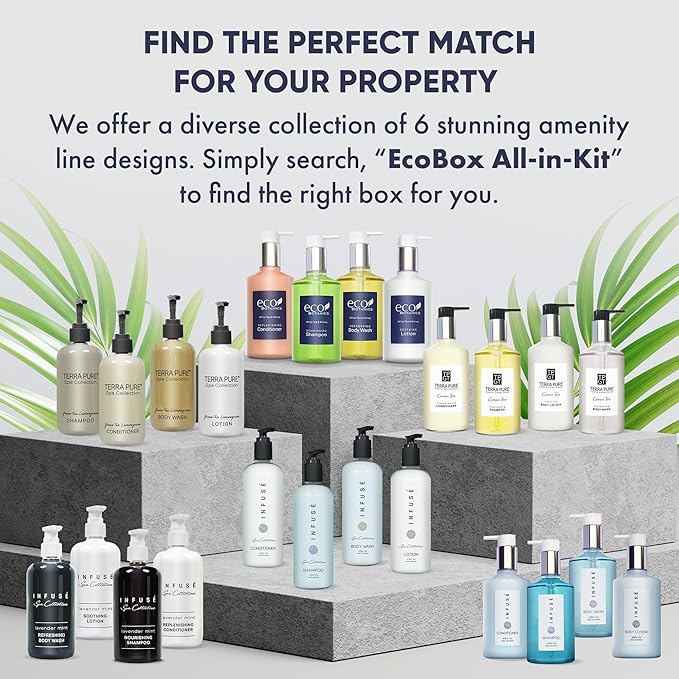 A 20 Piece Ecobox All-In-Kit of our Infuse | White Tea and Coconut Soap | 6 Shampoo, 4 Conditioner, 6 Body Wash & 4 Lotion | 10.14 oz Hotel Soaps and Toiletries Bulk | Personal Care Products