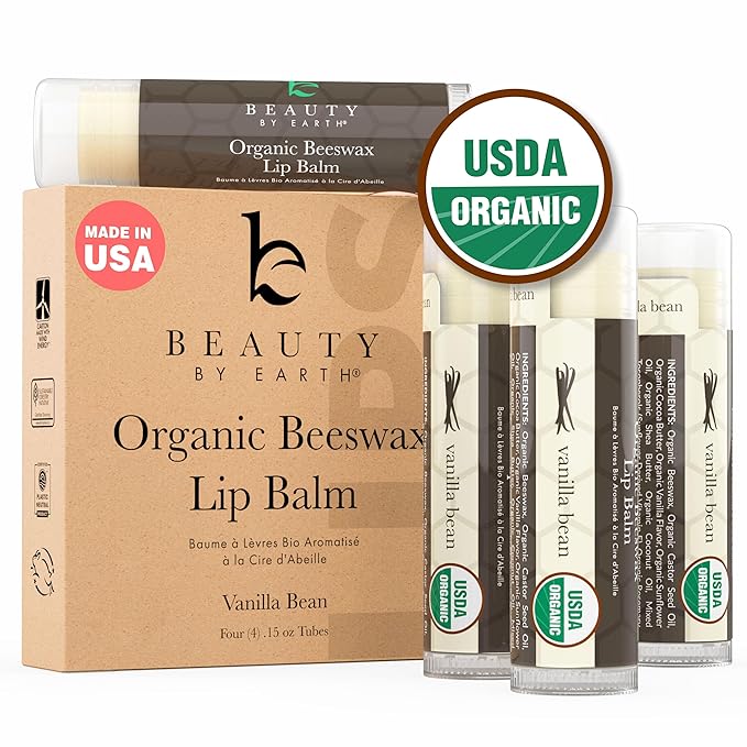 Organic Lip Balm - 4 Pack Beeswax Vanilla Chapstick, All Natural Lip Balm Gifts for Women, Organic Chapstick, Birthday Gifts for Her & Him, Hydrating Vanilla Lip Balm Beauty Gifts, Natural Chapstick