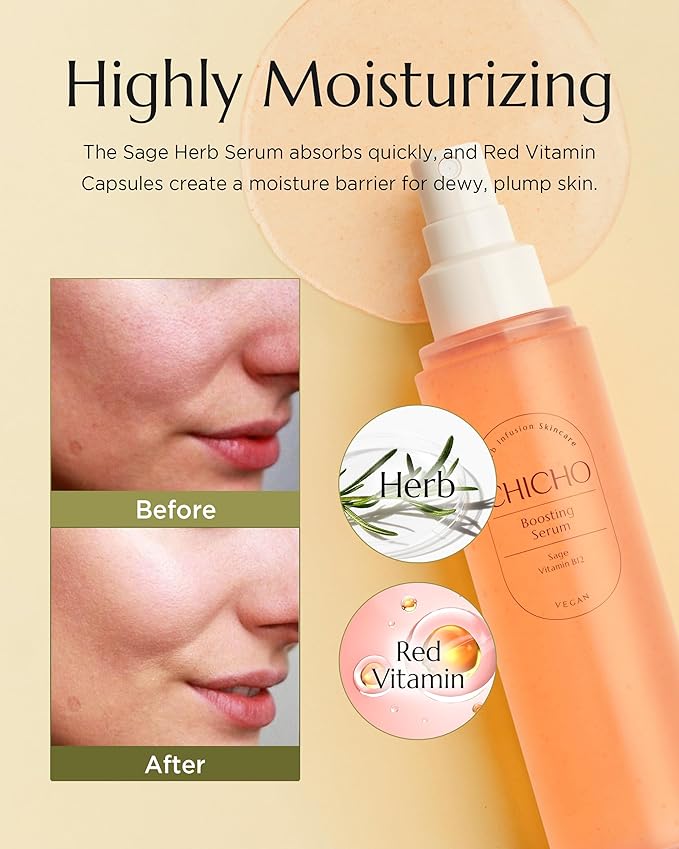 CHICHO Boosting Serum - Korean Face Spray Essnece with 88% Sage Leaf Water Vitamin B12 Niacinamide - Glow Skin Hydrating Sensitive Skin Vegan Clean Formula, 3.38 fl.oz.