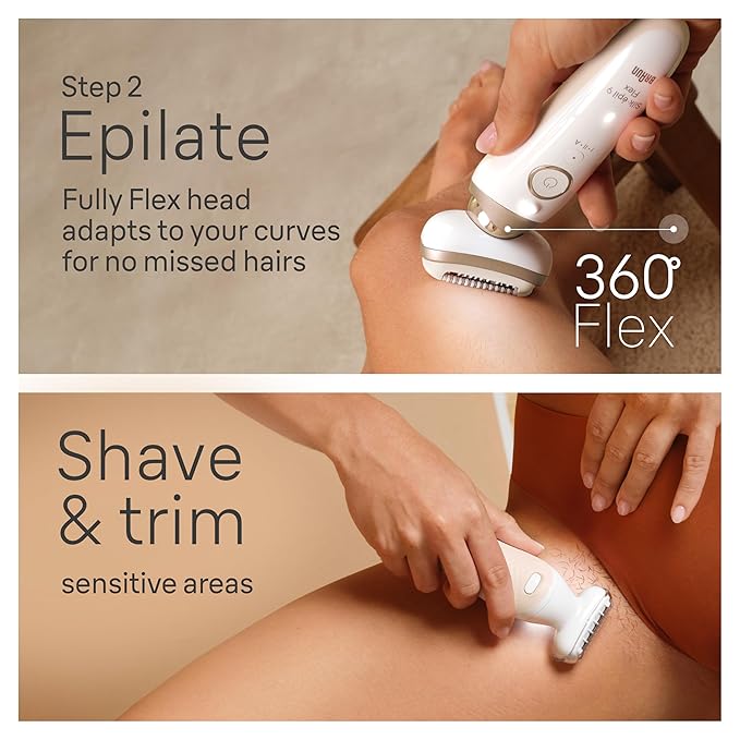 Braun Epilator Silk-épil 9 Flex SkinSpa, Hair Removal Device, 360 Flex and Pivoting Head, Wet and Dry, Includes Shaver Head, Trimmer Comb, Massage Pad, Exfoliation Brush and BodyTrimmer, SES9-481 3D