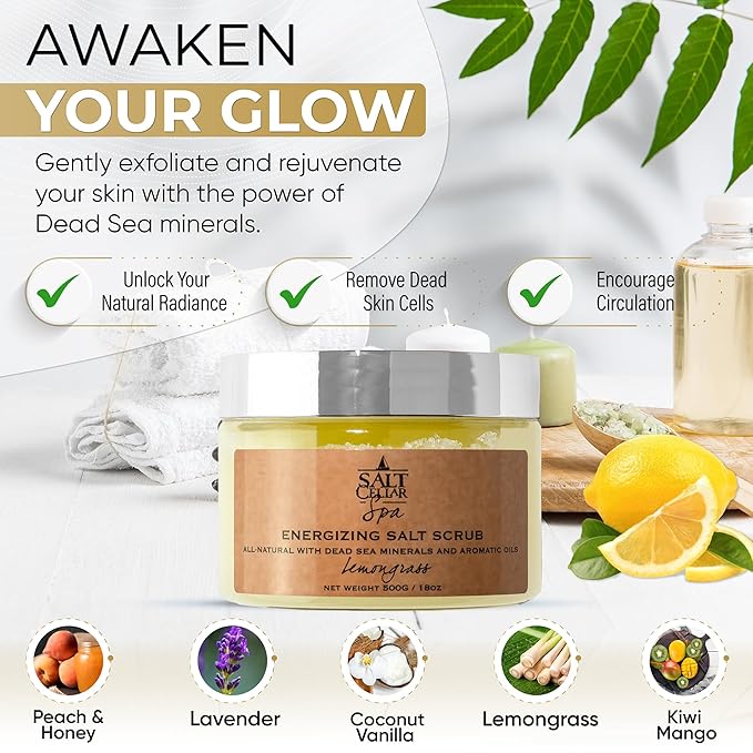 Salt Cellar Spa Energizing Lemongrass Salt Scrub - Awaken Your Skin with Dead Sea Minerals - Revive, Refresh, and Rejuvenate - Made in Israel, Cruelty-Free, 18 oz.