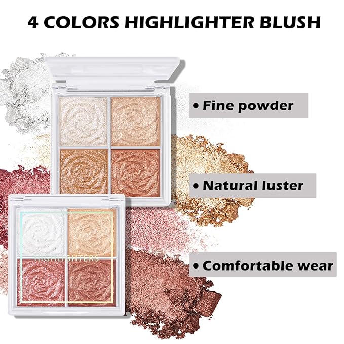 Boobeen Blush and Highlighter Palette- 4-color Metallic Shimmer Shadow Powder, Illuminator Makeup Set for Shading, Highlighting & Defining the Face