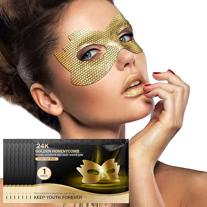 24k Gold Eye Masks, Under Eye Patches Honeycomb Eye Treatment Mask for Dark Circles and Puffiness, Eye Care Pads Skincare Reduce Puffy Wrinkles Eye Patch Gift for Adults Women Men Kids Girls -8 PCS