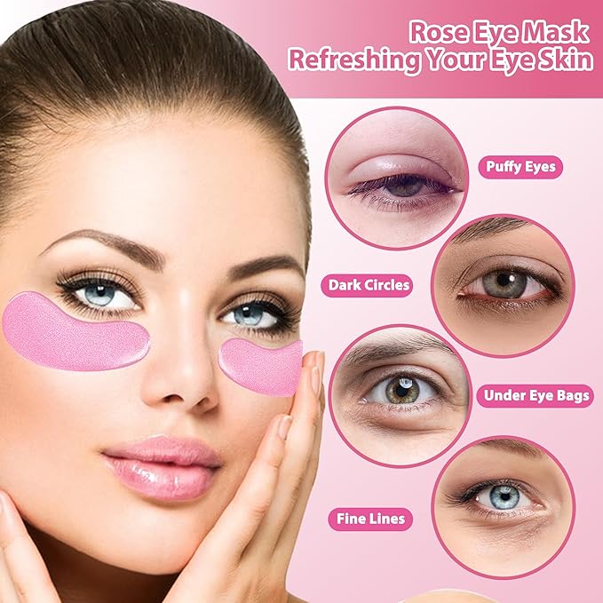 Eye Mask, Pink Rose Under Eye Patches (20 Pairs) Pink Rose Under Eye Masks Hyaluronic Acid Eye Patches for Dark Circles and Puffiness, Reduce Wrinkles and Fine Lines Under Eye Area - Pink