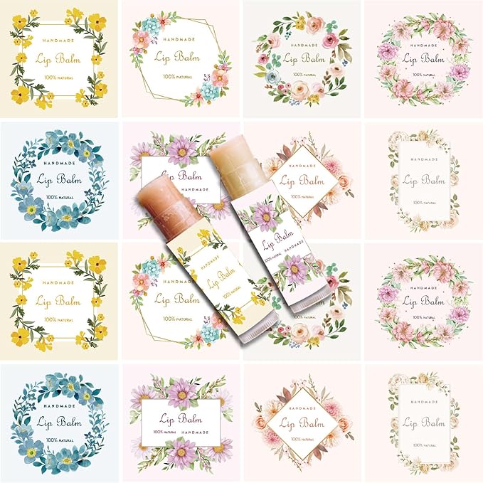 CRASPIRE 80Pcs 8 Styles Lip Balm Sticker Flower Wreath Plants Self-Adhesive Homemade Lip Balm Labels Floral Patter Square DIY Label Stickers for Lip Balm Containers Cosmetics Lipsticks