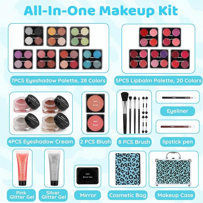 Anpro All-In-One Leopord Double Folding Makeup Carry Case with Pro Teen Makeup Set, Full Starter Kit with Makeup Brushes, Lipsticks, Eyeshadow Palette, Blushes, Glitter Gel, Ideal Present for Girls