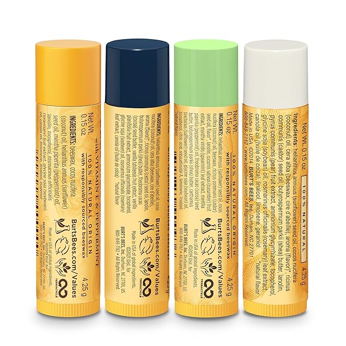 Burt’s Bees Holiday Gift, 4 Lip Balm Stocking Stuffer Products, Beeswax Bounty Assorted Set - Original Beeswax, Vanilla Bean, Cucumber Mint & Coconut Pear (Old Verison)