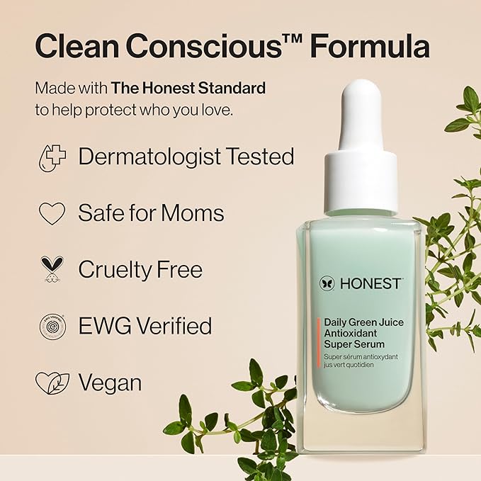 Honest Beauty Daily Green Juice Antioxidant Super Serum | Improves Skin Tone + Texture | Gentle for Sensitive Skin, Fragrance Free, Vegan | 1 fl oz