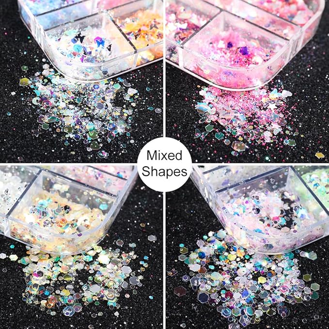 12 Grids Flaky Nail Art Glitter Sequins 3D Heart-Shaped Butterfly Ultra Thin Nail Art Sparkly Flake Designs Moon Stars Decorations Nail Glitter Sequins Suitable for Female Girl Nail Art Techniques