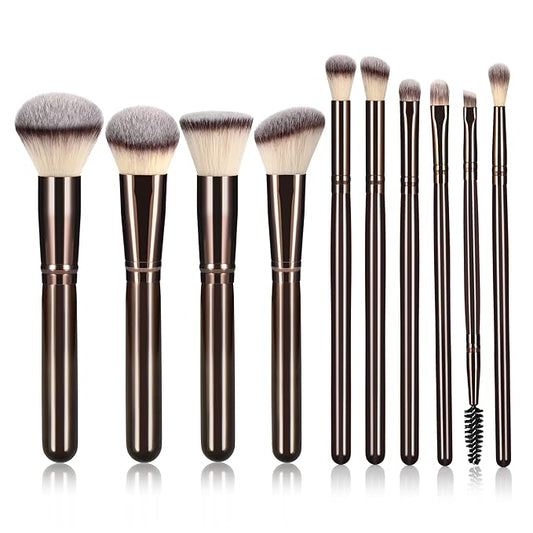 10 Piece Black brown Makeup Brushes - Wooden Handle with Soft Synthetic Bristles,for Face & Eye Makeup|Professional Makeup Brushes set for Women & Girls|