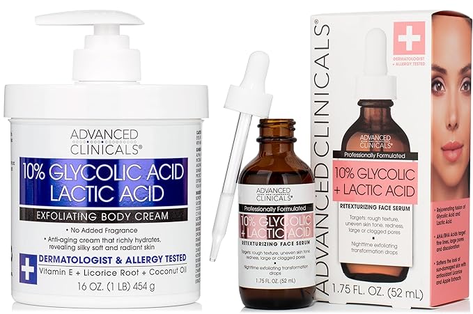 Advanced Clinicals 10% Glycolic Acid + Lactic Acid Body Lotion Moisturizer + AHA Glycolic Acid Face Serum 2pc Exfoliating Skincare Set To Reduce Look Of Uneven Rough Skin Texture, Fragrance Free, 2pc