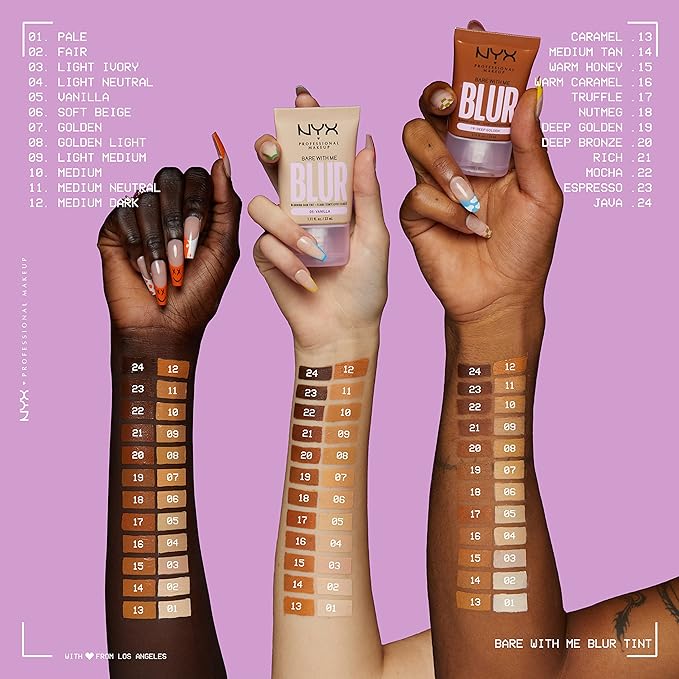 NYX PROFESSIONAL MAKEUP Bare With Me Blur Skin Tint Foundation Make Up with Matcha, Glycerin & Niacinamide - Golden