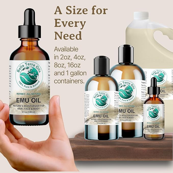 Bella Terra Oils - Emu Oil 4 oz - Genuine Pure Australian Emu, Infused with Linoleic & Oleic Acid, Perfect Companion for Lustrous Skin