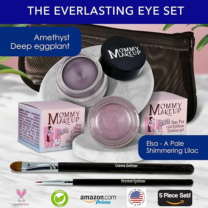 The Everlasting Eye 5 Piece Waterproof Makeup Set. Gel Eyeliner, Creme Eyeshadow, 2 brushes and Mesh Bag. Paraben-free, Talc-free, Cruelty-free. Elsa/Amethyst 1106