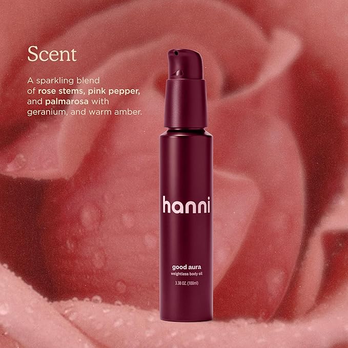 HANNI Good Aura Dry Body Oil, Lightweight After-Shower Moisturizer with Jojoba, Coconut, Baobab, and Buriti Oils, Non-Greasy Skincare for Soft Skin, 100 mL / 3.38 oz