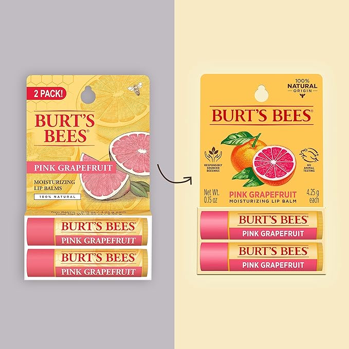 Burt's Bees Lip Balm - Pink Grapefruit, Lip Moisturizer With Responsibly Sourced Beeswax, Tint-Free, Natural Origin Conditioning Lip Treatment, 2 Tubes, 0.15 oz.