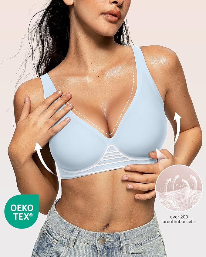 OEAK Womens Deep V Bras Wireless Comfortable Bra Supportive No Underwire Bras Tshirt Push Up Bralettes Plunge Seamless Bra