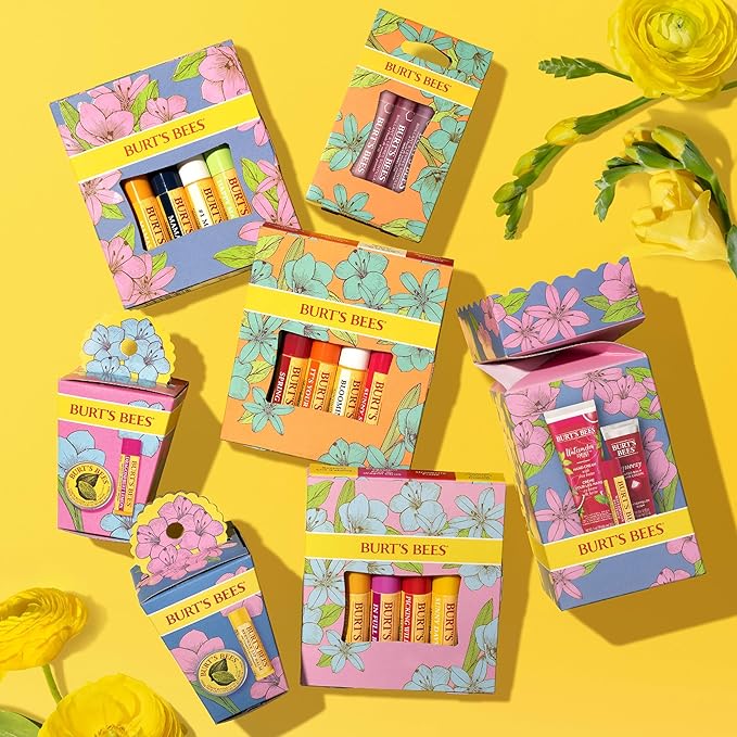 Burt's Bees Gifts Ideas - In Full Bloom Lip Balm Set, Original Beeswax, Dragonfruit Lemon, Tropical Pineapple & Strawberry, Natural Origin Lip Treatment, 4 Tubes, 0.15 oz.