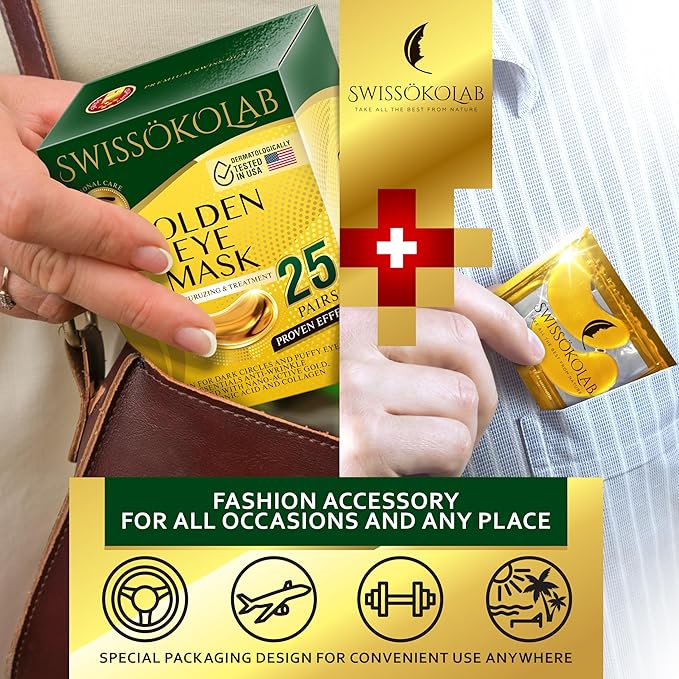 SWISSÖKOLAB Under Eye Patches For Puffy Eyes 24k Gold Eye Mask Dark Circles And Puffiness Collagen Eye Gel Pads Moisturizing & Reducing Wrinkles Anti-Aging Hyaluronic Acid (24K Gold Eye Mask)
